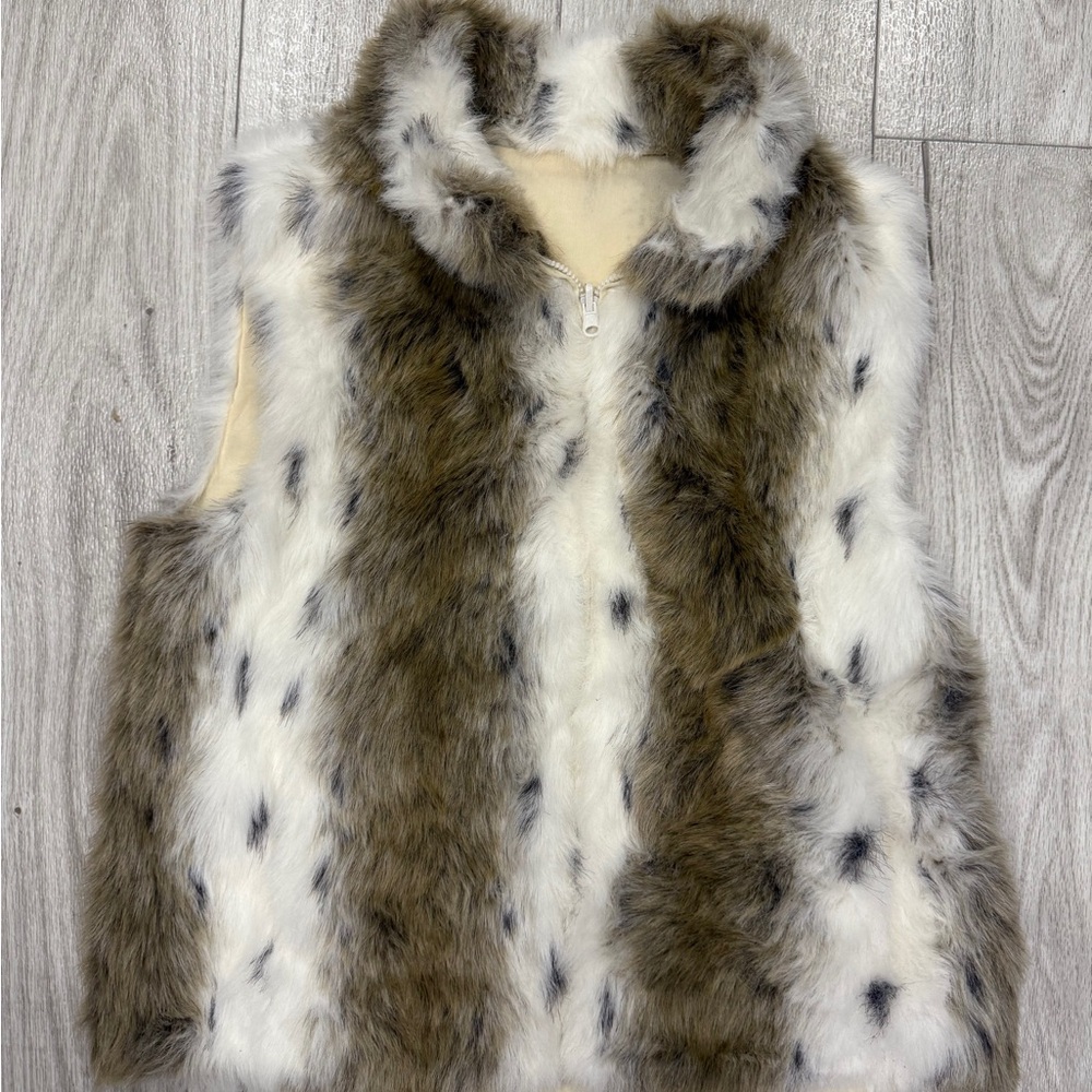 White and Brown Faux Fur Vest with Animal Print